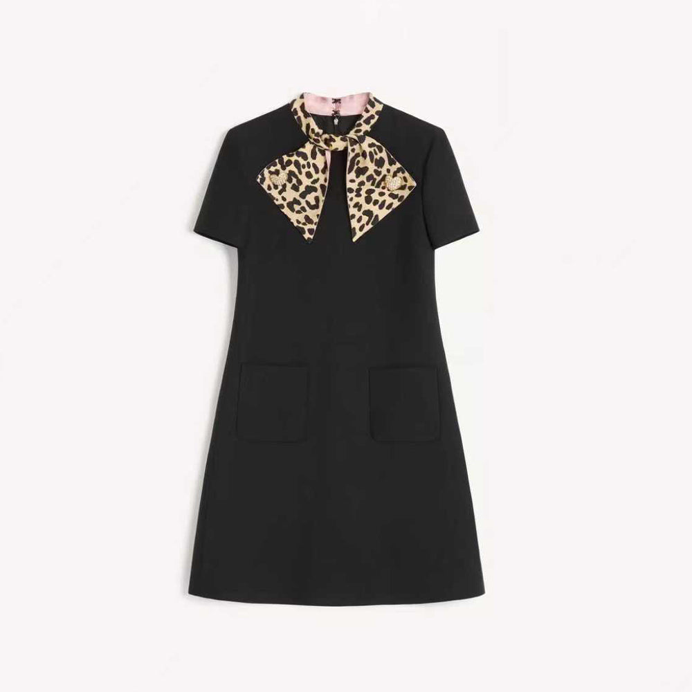 Valentino Women's Leopard Print Bow Rhinestone Buckle Silk And Wool Summer Solid Color Crepe Couture Short Dresses Ngvp #2279
