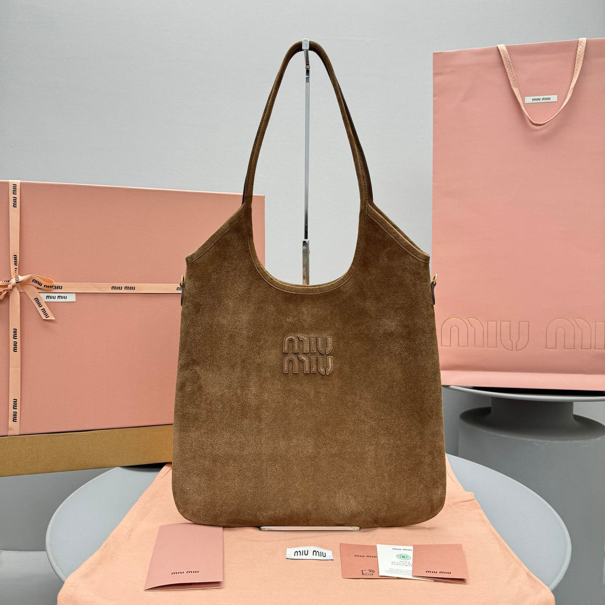 MiuMiu Women's Solid Color Engraved Logo Suede Fabric and Patent Leather Shopping Bag Shoulder Tote Bags #74851