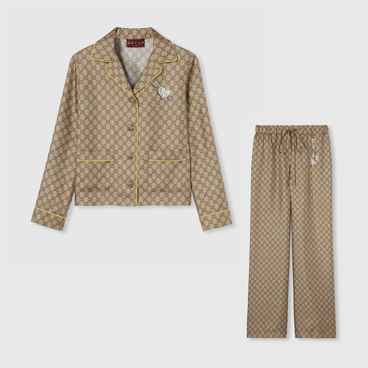 Gucci Women's Summer Solid Color Letter Print Heart Pattern Single Breasted Silk Long Sleeved Shirt And Casual Tie Pants Suit Set #77927