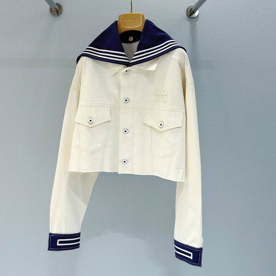 MiuMiu Women's Spring/Summer Navy Collar Single-Button Cotton Long-Sleeve Denim Jacket Solid-Color Casual Short Skirt #81546
