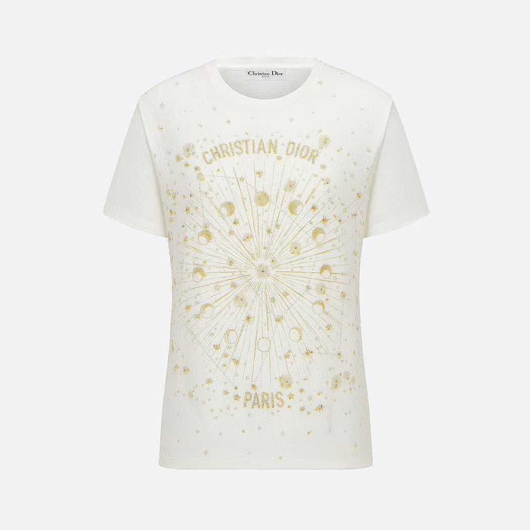 Dior Women's Summer Gold Thread Embroidery Printed Solid Color Round Neck Cotton Short Sleeve T-Shirt #77141