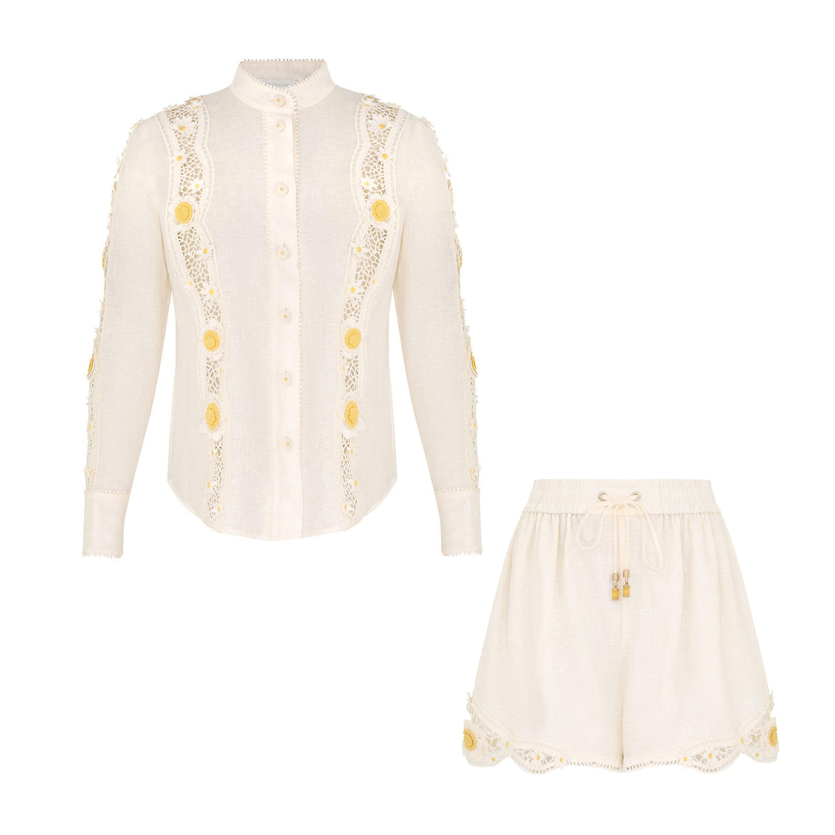 Zimmermann Women's Summer Solid Color Daisy Cotton Hollow Single-Breasted Shirt Lace Up Shorts Suit Set #76261