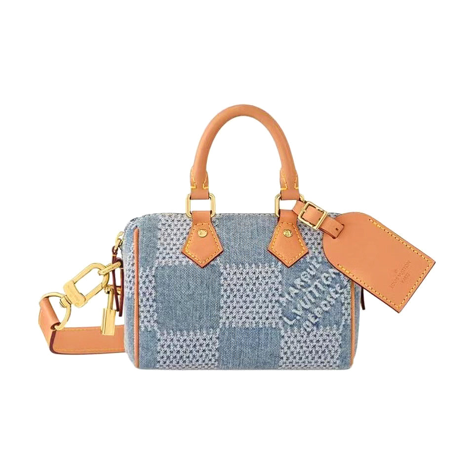 Louis Vuitton Nano Speedy Men's Blue Eggnog Tessellated Canvas Leather Tote Shoulder Crossbody Bag Bags #99496