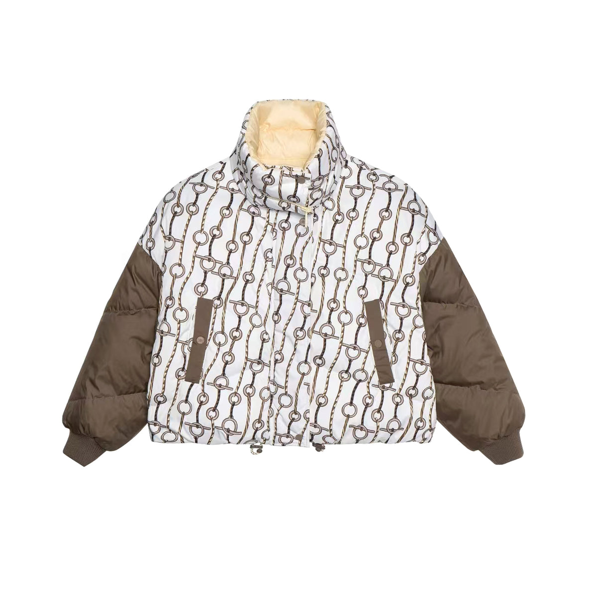 Hermes Women's Winter Fashion Casual Reversible Patterned Print Short Length High Neck Zipper White Goose Down Filled Short Jacket Down Jacket #78981
