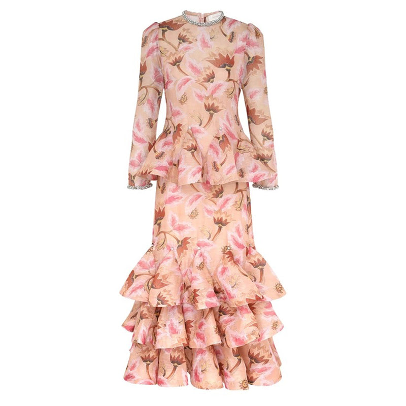 Zimmermann Women's Spring/summer Elegant Floral Print Dress With Multi-layer Ruffled Puff Skirt. Form-fitting Fashionable Dresses Ngvp #2181