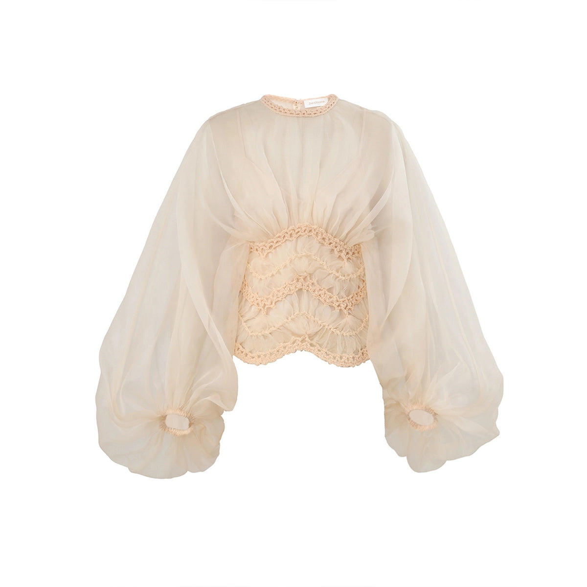 Zimmermann Illuminate Macrame Bodice Women's Spring And Summer Tulle Transparent Chiffon Shirt Long Sleeve Temperament Elegant Round Neck Button Blouse Top Ngvp #1888