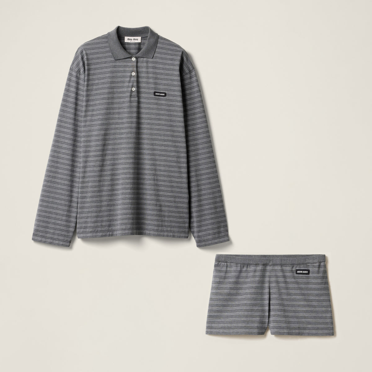 MiuMiu Women's Spring Summer Striped Printed Polo Neck Long Sleeve T-Shirt Cotton Casual Shorts Set Suit #76691