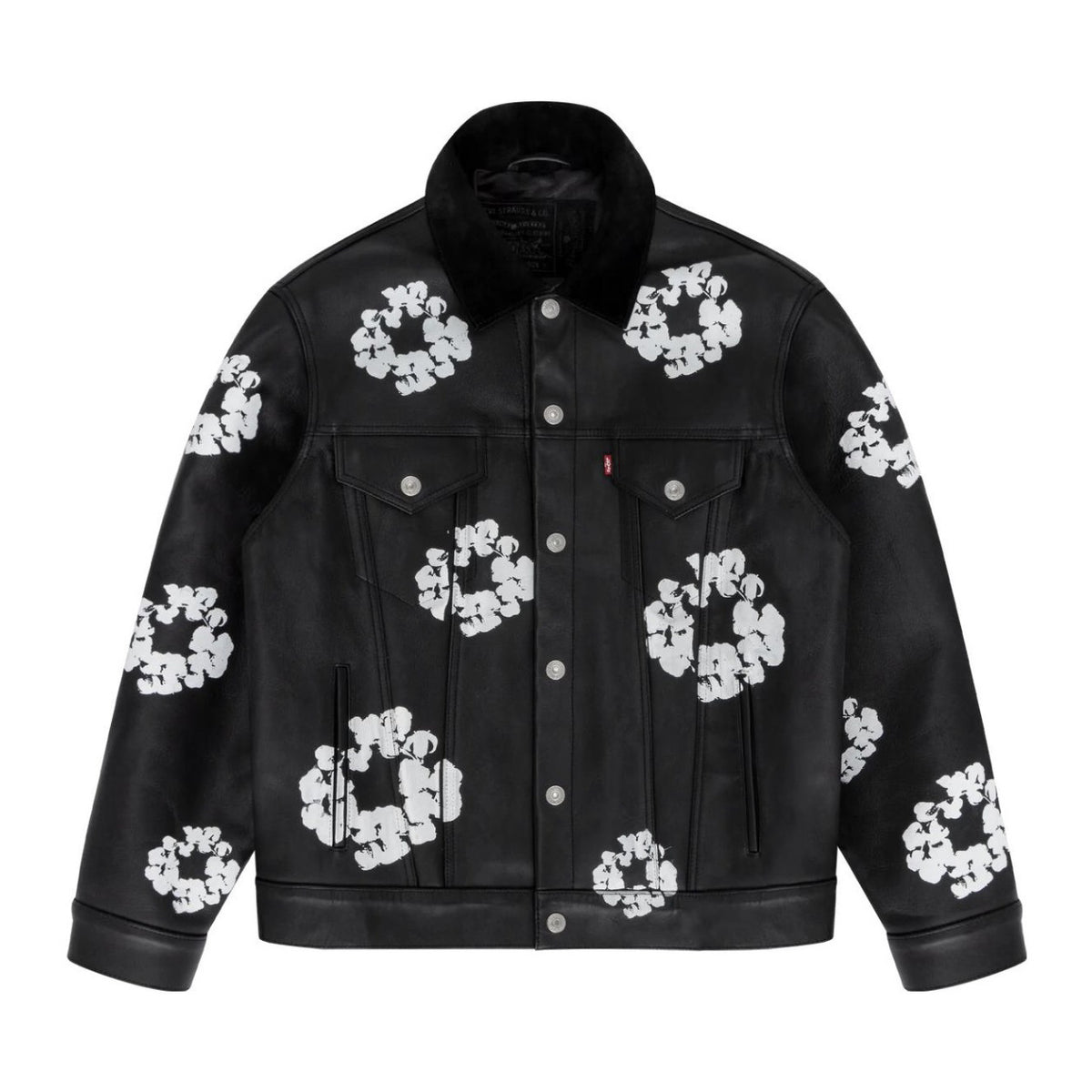 Denim Tears x Levi's Men's and Women's Autumn and Winter Black Leather Cotton Loop Logo Printed Lapel Single Breasted Long Sleeve Jacket Mid Calf Casual Pants Suit Set #74881