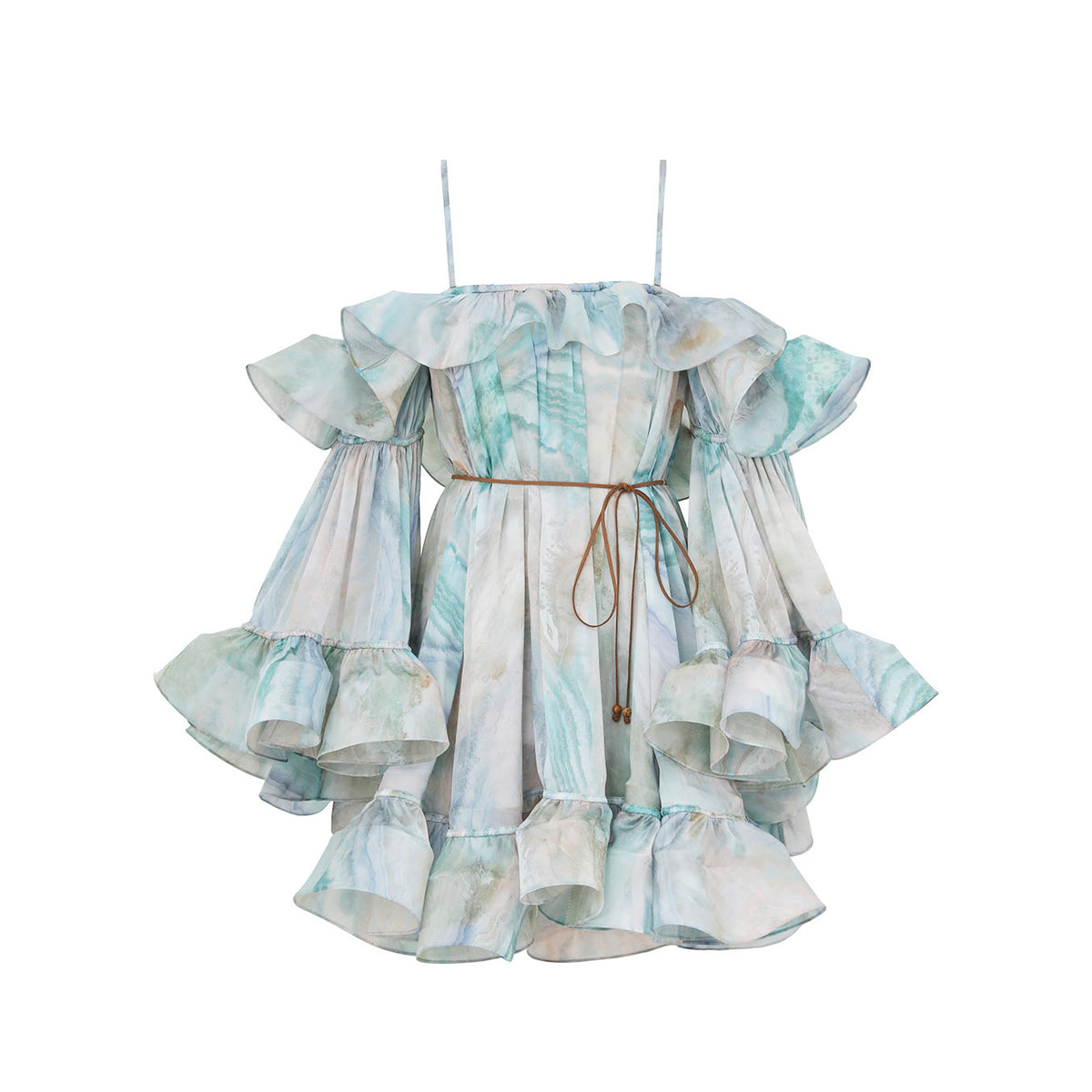 Zimmermann Women's Summer Blue Printed Silk Ruffle Strapless Mini Silk Dress #77178
