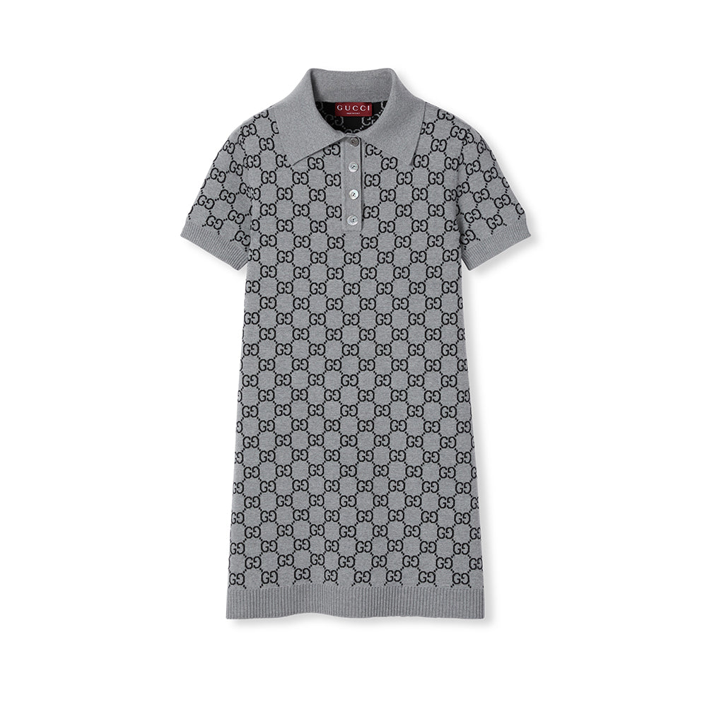 Gucci Women's Fall/Winter Classic Gray and Black GG Wool Jacquard Polo Short Sleeves Dress #332532