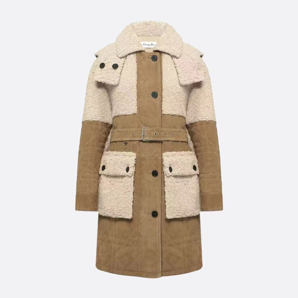 Dior Women's Autumn and Winter Colorblocking Lamb's Wool Patchwork Suede Long Drawstring Single-Breasted Hooded Coat Jacket #74847