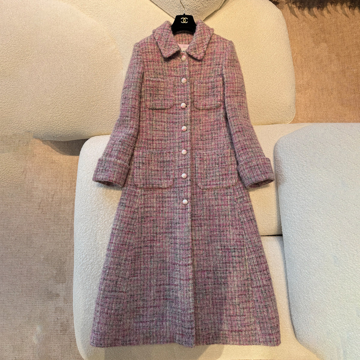 Chanel Women's Autumn And Winter Long Pink Tweed Coat Temperament Fashion Elegant Exquisite Mohair Wool Blend Double C Logo Jacket Ngvp #2637