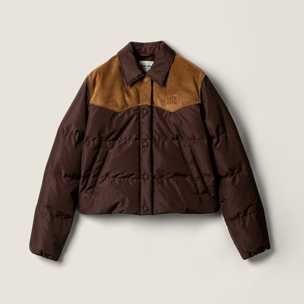 MiuMiu Coffee Technical Pong¨¦ And Leather Down Jacket  #336575 #389894