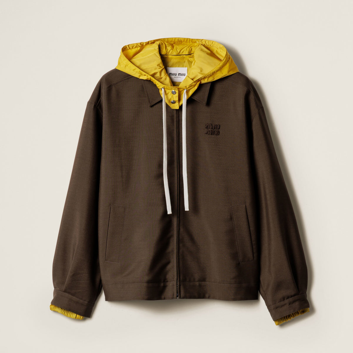 MiuMiu Women's Autumn/Spring Brown Hooded Drawstring Embroidered Logo Zipper Long Sleeve Jacket #77947