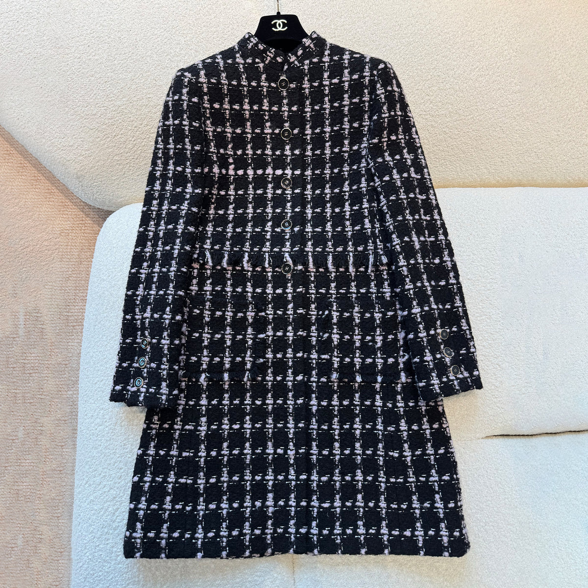 Chanel Women's Fall/Winter Checkered Stand Collar Wool Blend Button-Up Multi-Color Long Coat Jacket Ngvp #2559