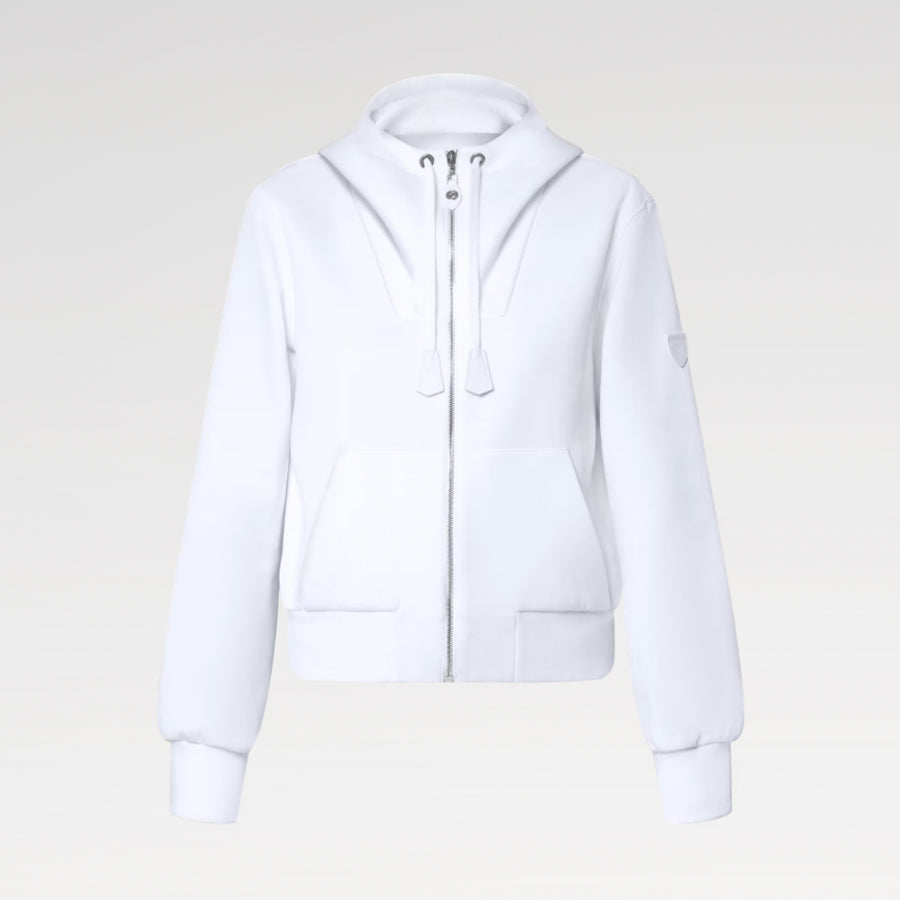 Louis Vuitton Women's Spring/Summer/Fall Leather-Detailed Zipper Cotton Long-Sleeve Hooded Sweatshirt Casual Solid-Color Drawstring Joggers Shorts Ngvp #2383