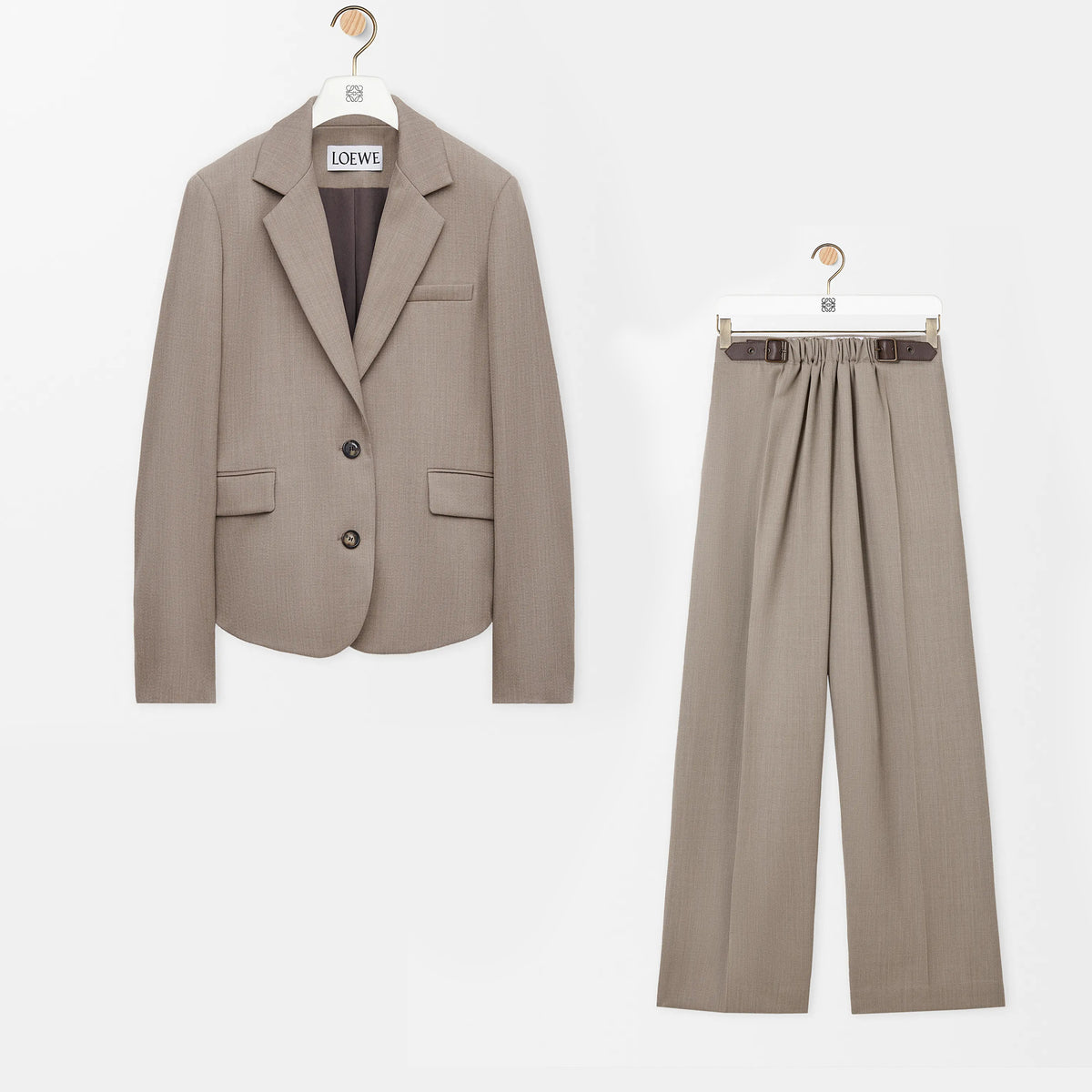 Loewe Women's Spring/fall Classic Solid Color V Neck Single Button Long Sleeve Blazer Paired With Solid Color Elastic Waist Straight Leg Suit Pants Suit Set #79228