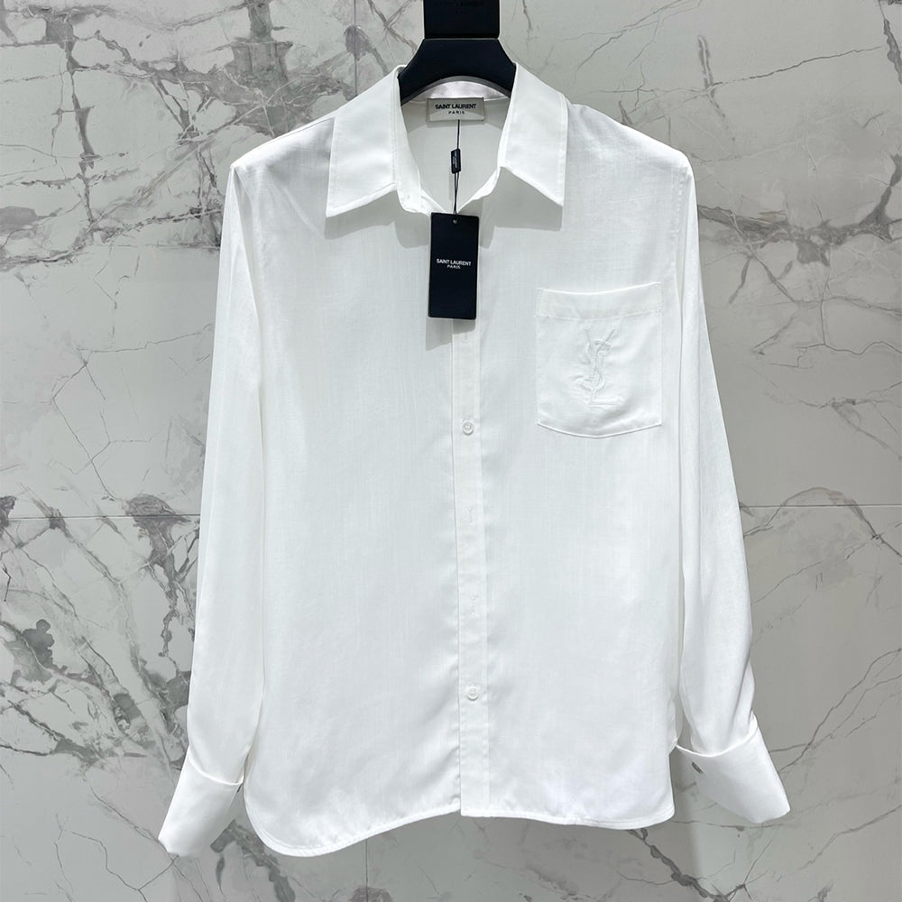Saint Laurent Women's Lapel Embroidered Pocket Logo Shirt #333271