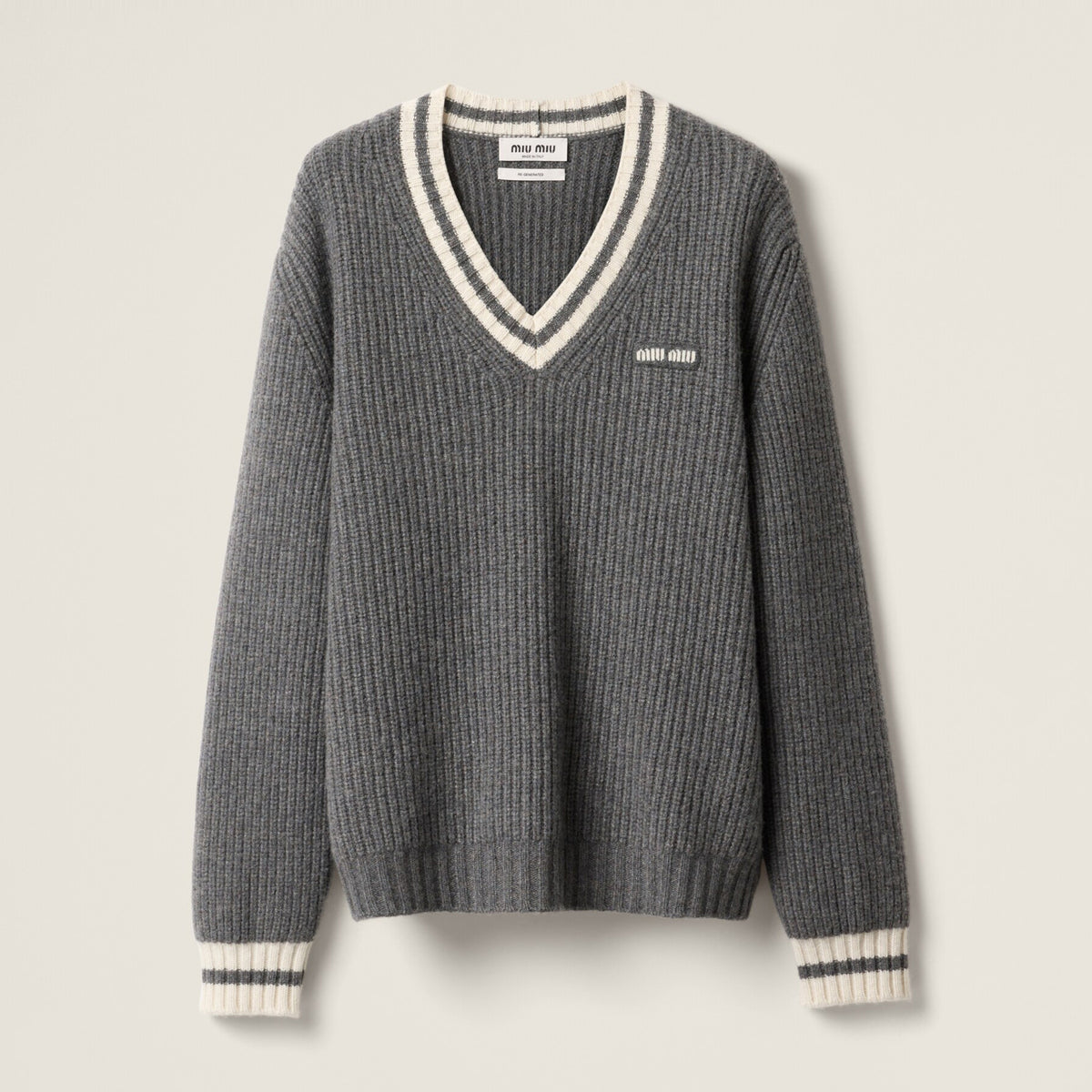 MiuMiu Women's Spring and Autumn Letter Printed V-Neck Casual Long Sleeve Cashmere Sweater Top #75114
