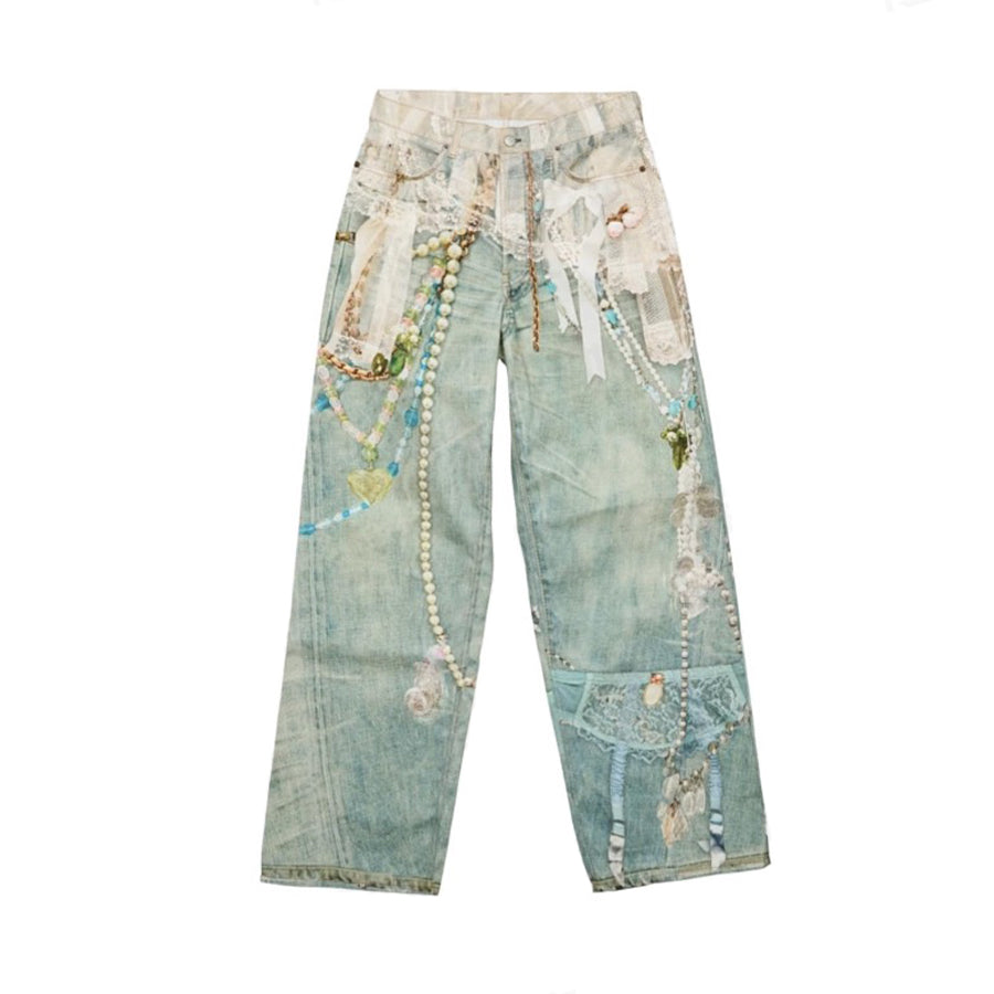 Acne Studios Men's Women's Four Seasons Lace Pearl Chain Printed Zipper Loose Low Waisted Denim Pants Wide Leg Machete Pants Ngvp #1938