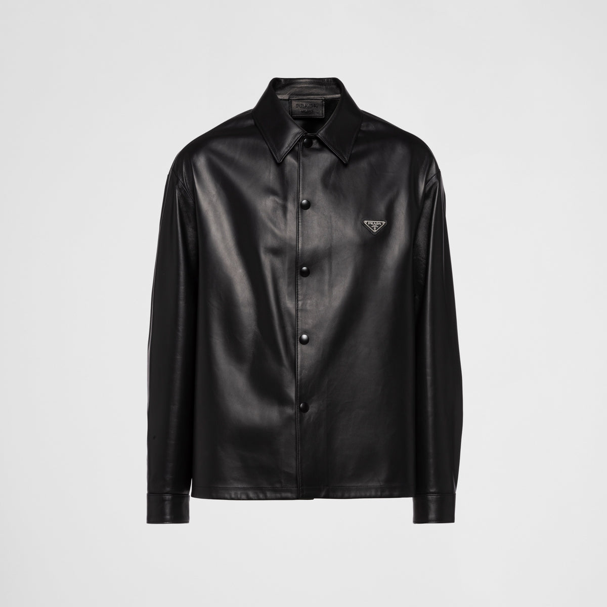 Prada Men's Fall/Winter Fashion Casual Solid Color Lapel Single Breasted Leather Jacket With Logo Triangle Emblem Jacket #79343