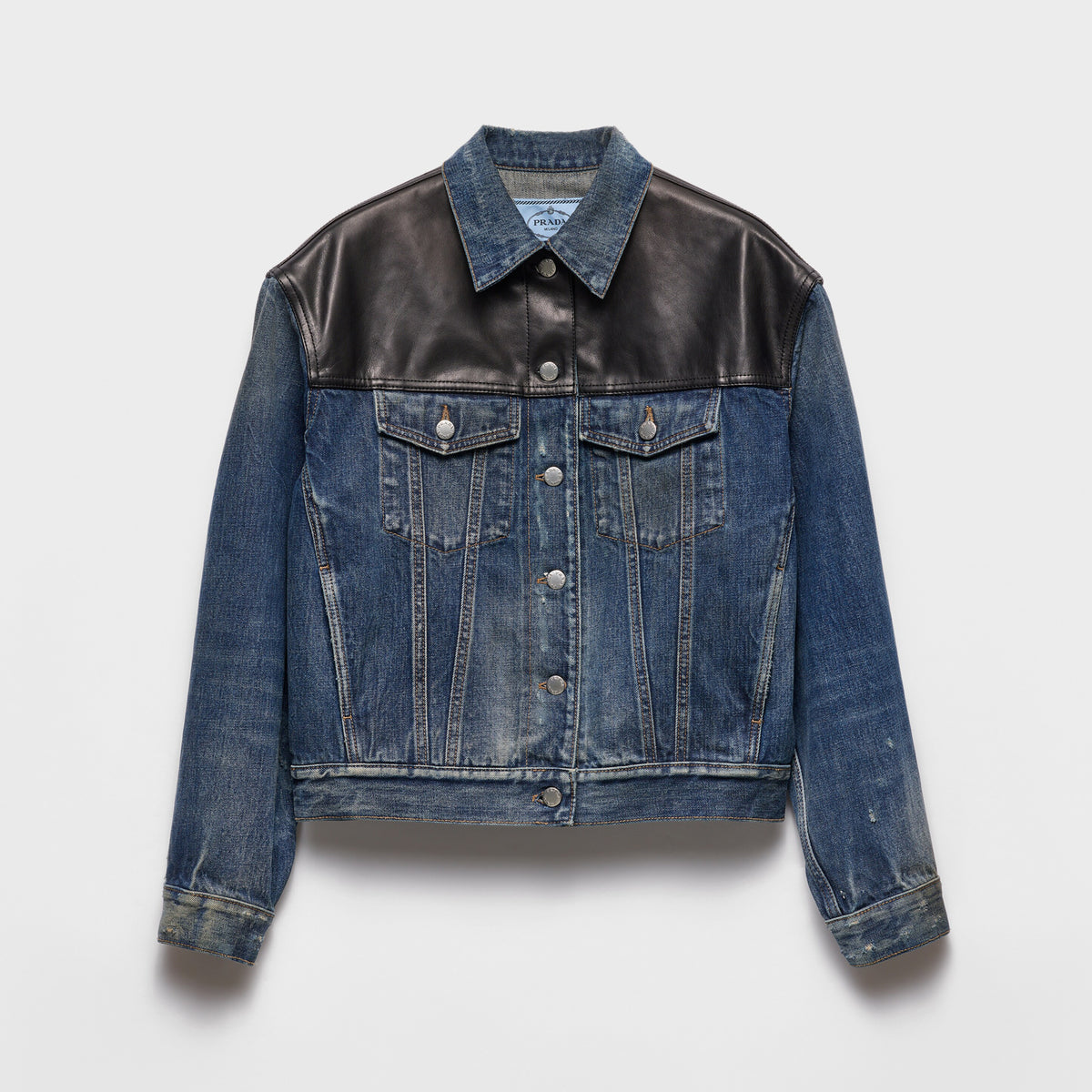 Prada Women's Spring/Fall Fashion Casual Lapel Single Breasted Patchwork Leather Short Denim Jacket #79162