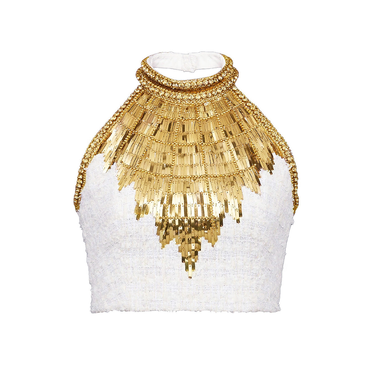Balmain Women's Summer Color Block Beaded And Rhinestone-Embellished Short Halter Tank Top Casual High-Street Sequined High-Waisted Tweed Skirt Ngvp #2262