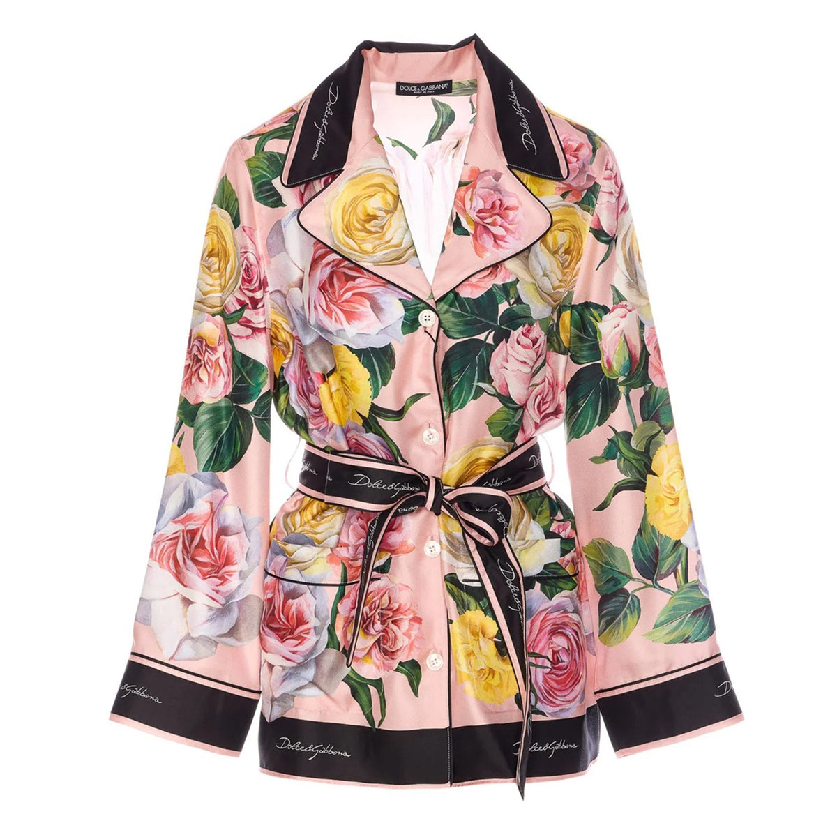Dolce&Gabbana Women's Autumn/winter Floral Print Silk Satin Blouse  Shirt With Belted Collar Straight-leg Casual Trousers Pants Set Suit  Ngvp #2628