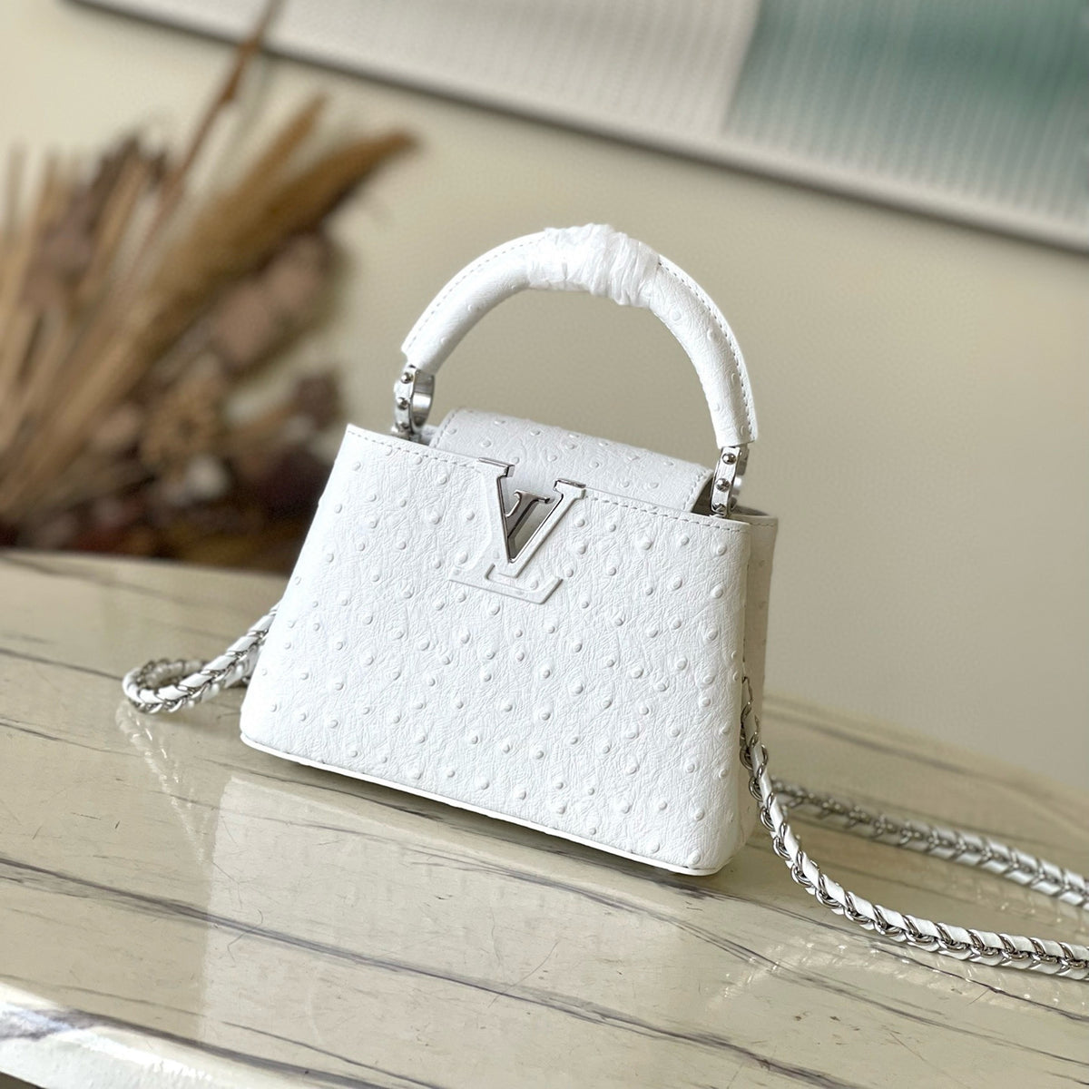 Louis Vuitton Women's Capulines Floral Embellished Ostrich/Goat Leather Shoulder Crossbody Tote Bag Bags #97869