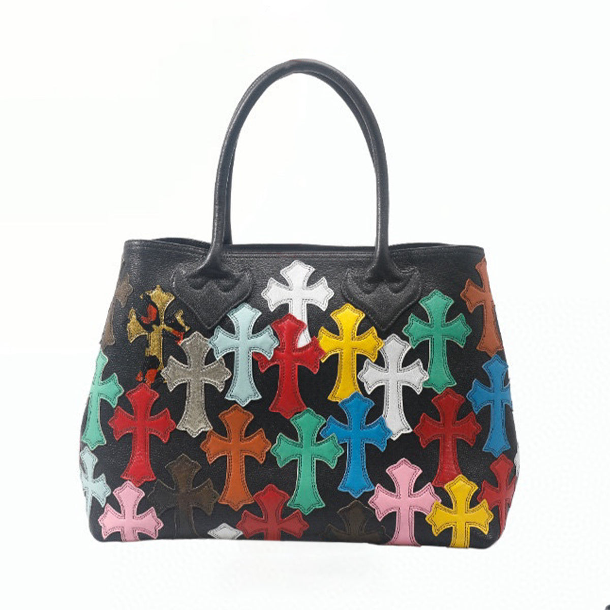 Chrome Hearts Men's Fashion Colorful Cross Shopping Bag Black Leather Handbag #98516