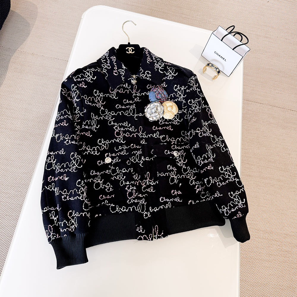 Chanel 25B Autumn And Winter Lapel Embroidered Wool AllOver Logo Belted Long Sleeved Jacket Casual Shorts Suit #332731