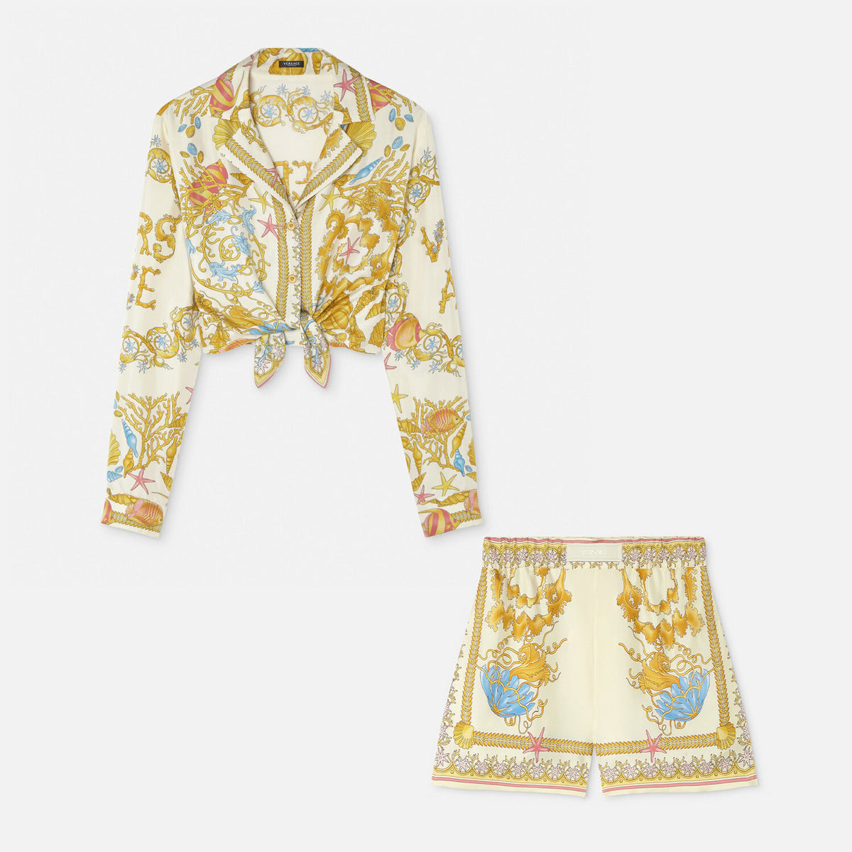 Versace Women's Summer Starfish Shell Pattern Printed V-neck Single Button Long Sleeved Silk Shirt And Casual Shorts Set Suit #77193