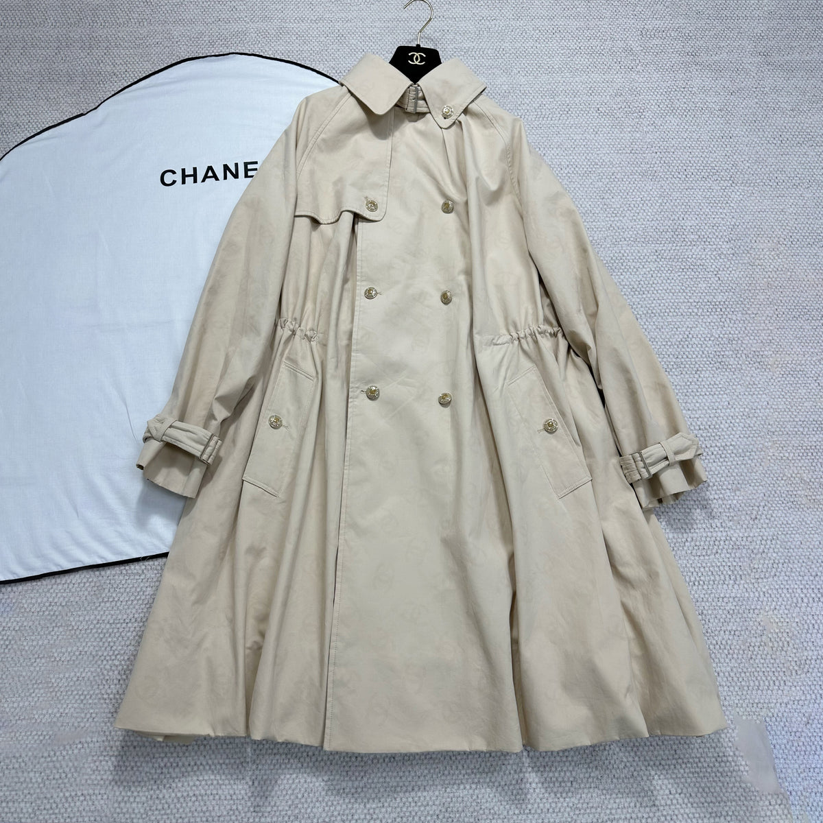 Chanel Women's Spring/Fall Casual Double Breasted Collared Long Print Trench Coat with Elastic Waistband Jacket #78777