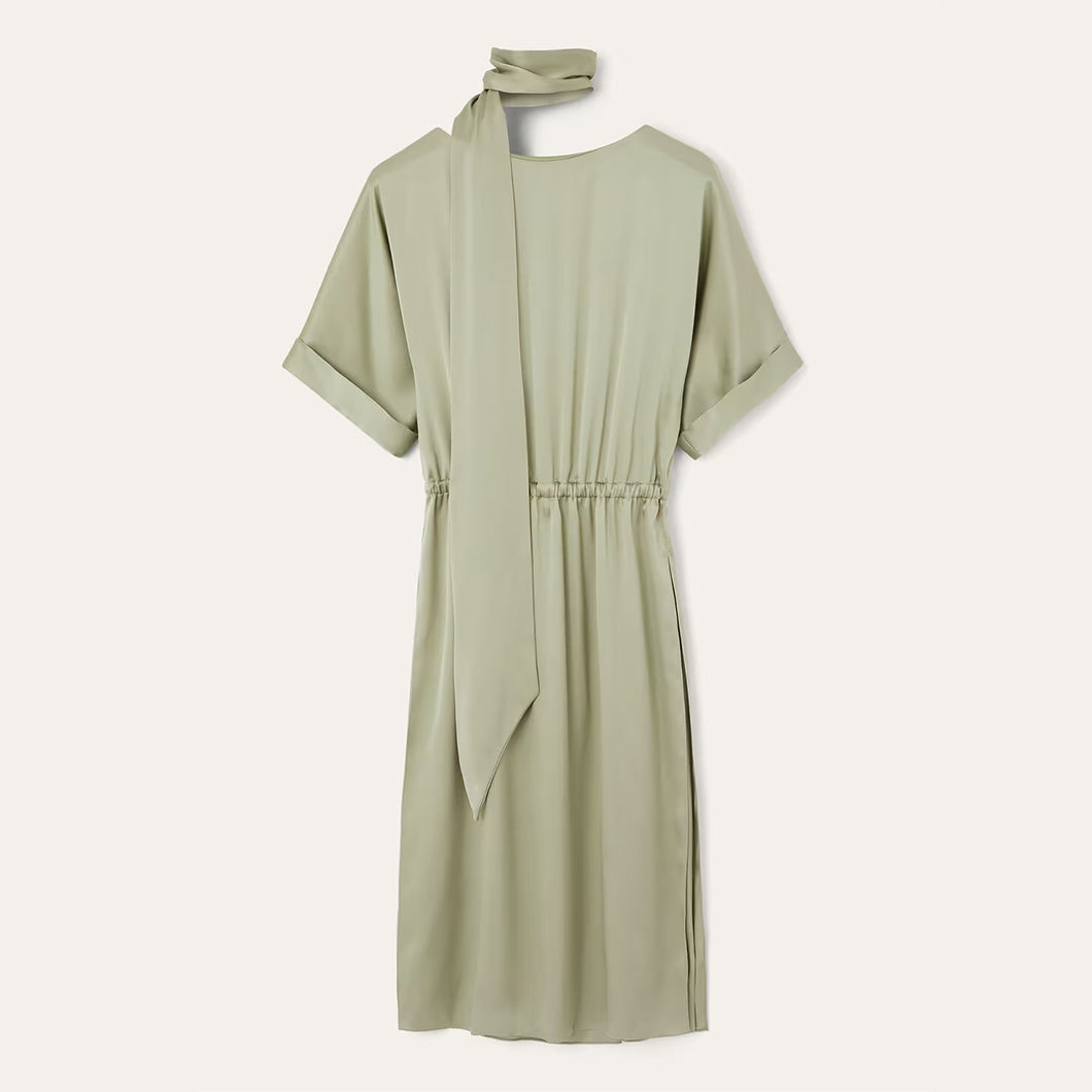 Loro Piana Women's Summer Solid Color Satin Short Sleeve Silk Elastic Waist Caren Dresses Ngvp #1829