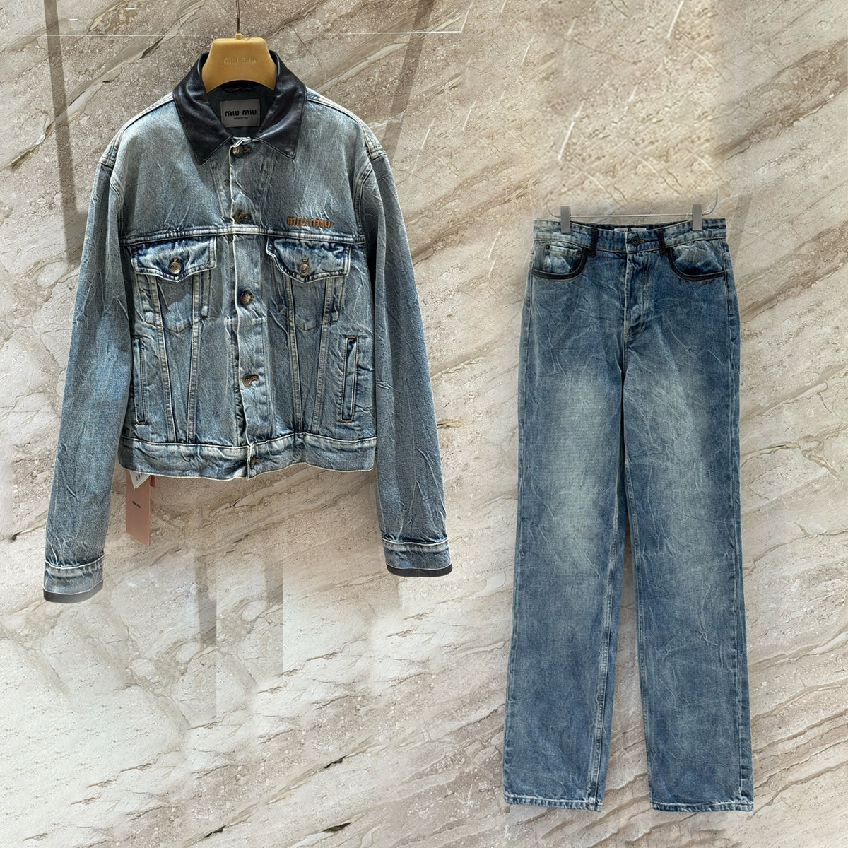 MiuMiu Women's Spring/Fall Fashion Casual Lapel Single Breasted Patchwork Leather Denim Jacket Stylish Relaxed Fit Denim Pants Suit Set #79385
