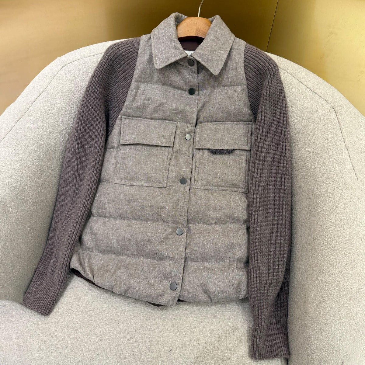 Brunello Cucinelli Women's Autumn And Winter Linen Goose Down Jacket 100% Wool Knit Sleeve Sequins Accessories Single Breasted Jacket Ngvp #2648