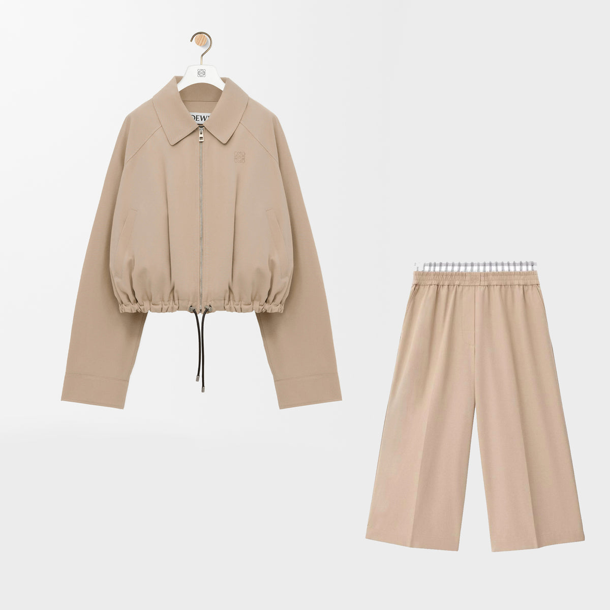 Loewe Women's Spring/fall Fashion Casual Solid Color Lapel Zipper Short Sleeve Drawstring Jacket With Elastic Waistband Paired With Relaxed Fit Cropped Wide Leg Pants Suit Set #78665