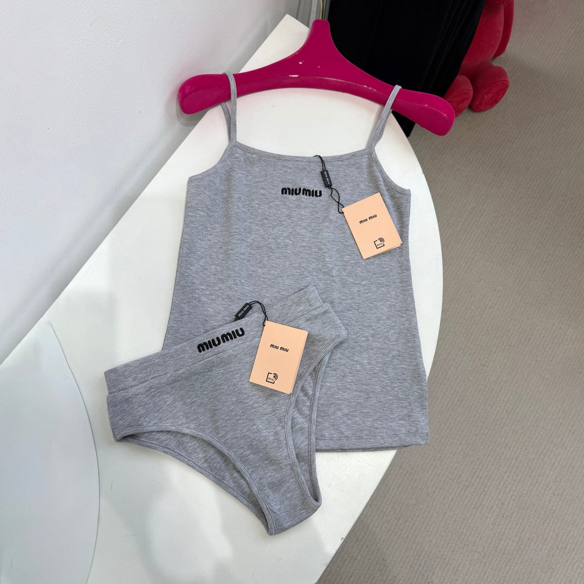 MiuMiu Women's Summer Solid Colour Seamless Knitted Cotton Camisole Top Triangle Shorts Set Suit #76916