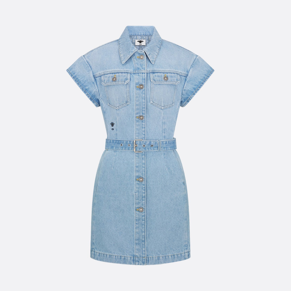 Dior Women's Summer High Street Denim Solid Color Belt Printed Pocket Button Cotton Short Sleeve Shirtdress Dresses #77854