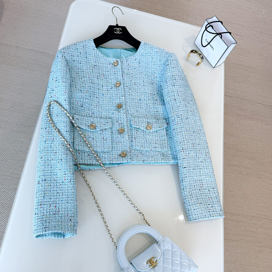 Chanel Women's Blue-green Woven Patchwork Tweed Short Jacket Autumn And Winter Fashion Elegant Single-breasted Jacket Ngvp #2168