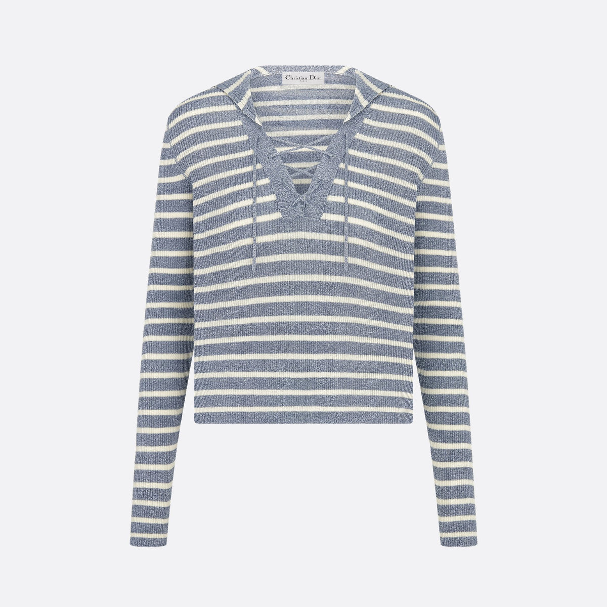 Dior Women's Summer Solid Color Striped Print Tie-Up V-Neck Long Sleeve Stretch Knit Sweater Top #77768