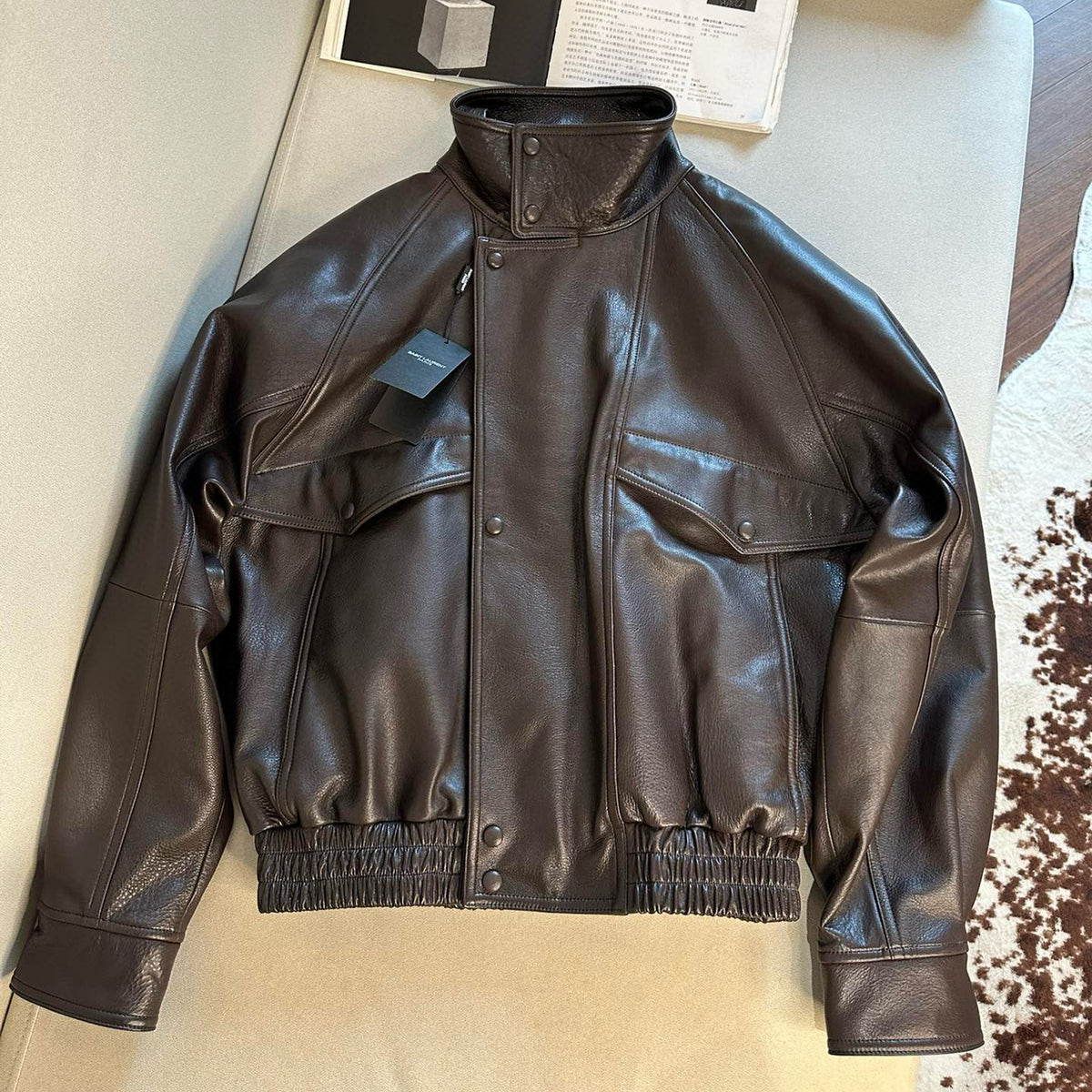 Saint Laurent Women's Spring Summer Fall Winter Black Adjustable Belt Lapel Zipper Long Sleeve Fitted Aviator Jacket Ngvp #2229