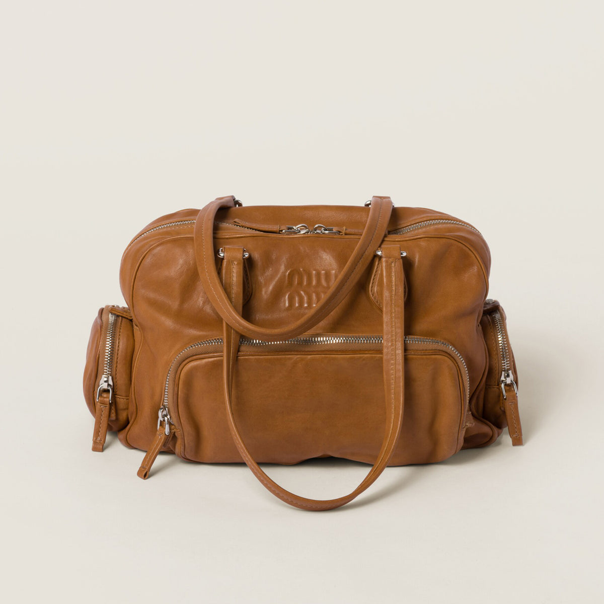 MiuMiu Women's Solid Color Embossed Engraved Logo Zipper Closure Napa Leather Shoulder Handbag Bag Bags #74329