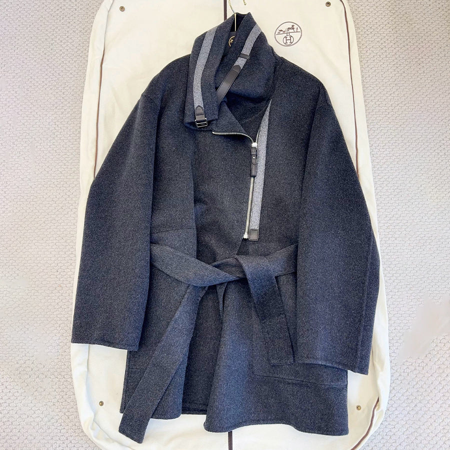 Hermes Women's Double-Faced Cashmere Mid-Length Coat Autumn/Winter Solid Color Collar Zipper Tie-Front Straight-Cut Jacket Ngvp #2577
