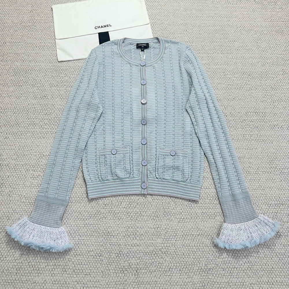 Chanel Cardigan Short Skirt Cashmere Cotton Feathers Light Blue Purple Pink #334186