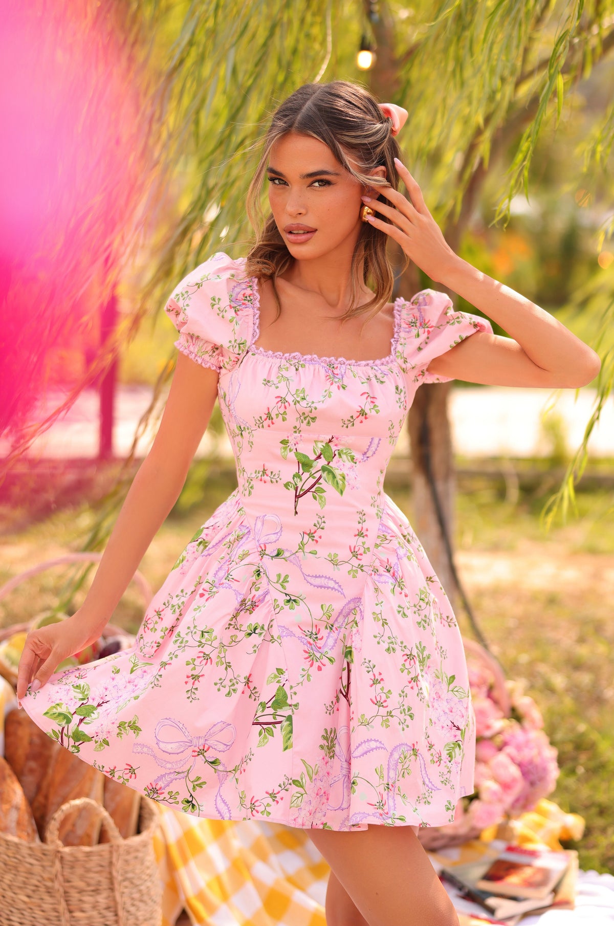 ROSABELLA Blush Bloom Floral Bow Puff Mini Dress