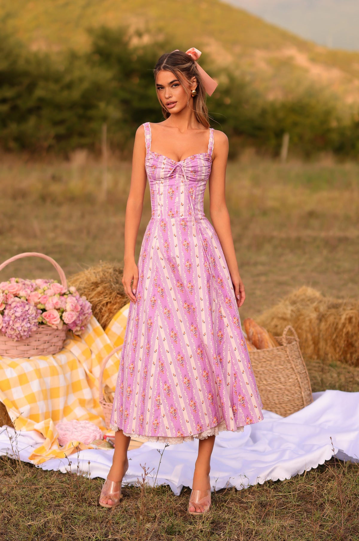 CELENIA Lilac Floral Corset Midi Dress