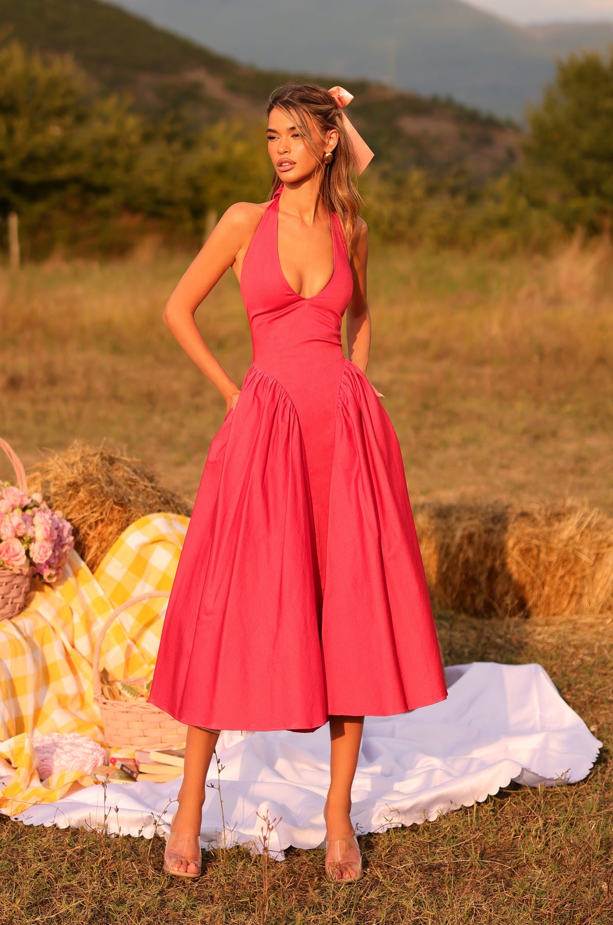 SOLENA Winterberry Red Halter Midi Dress