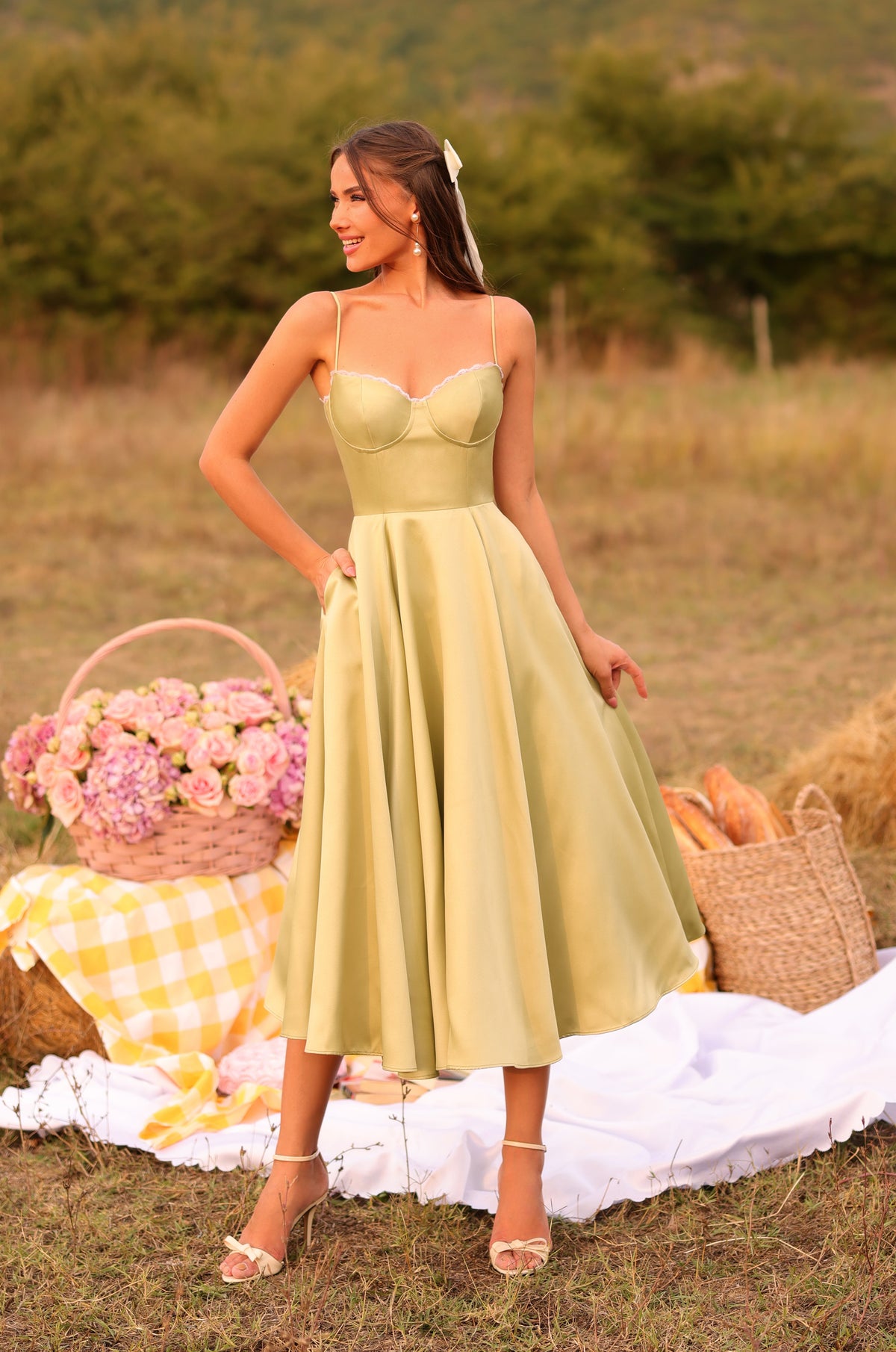 OLIVETTA Olive Green Corset Midi Dress