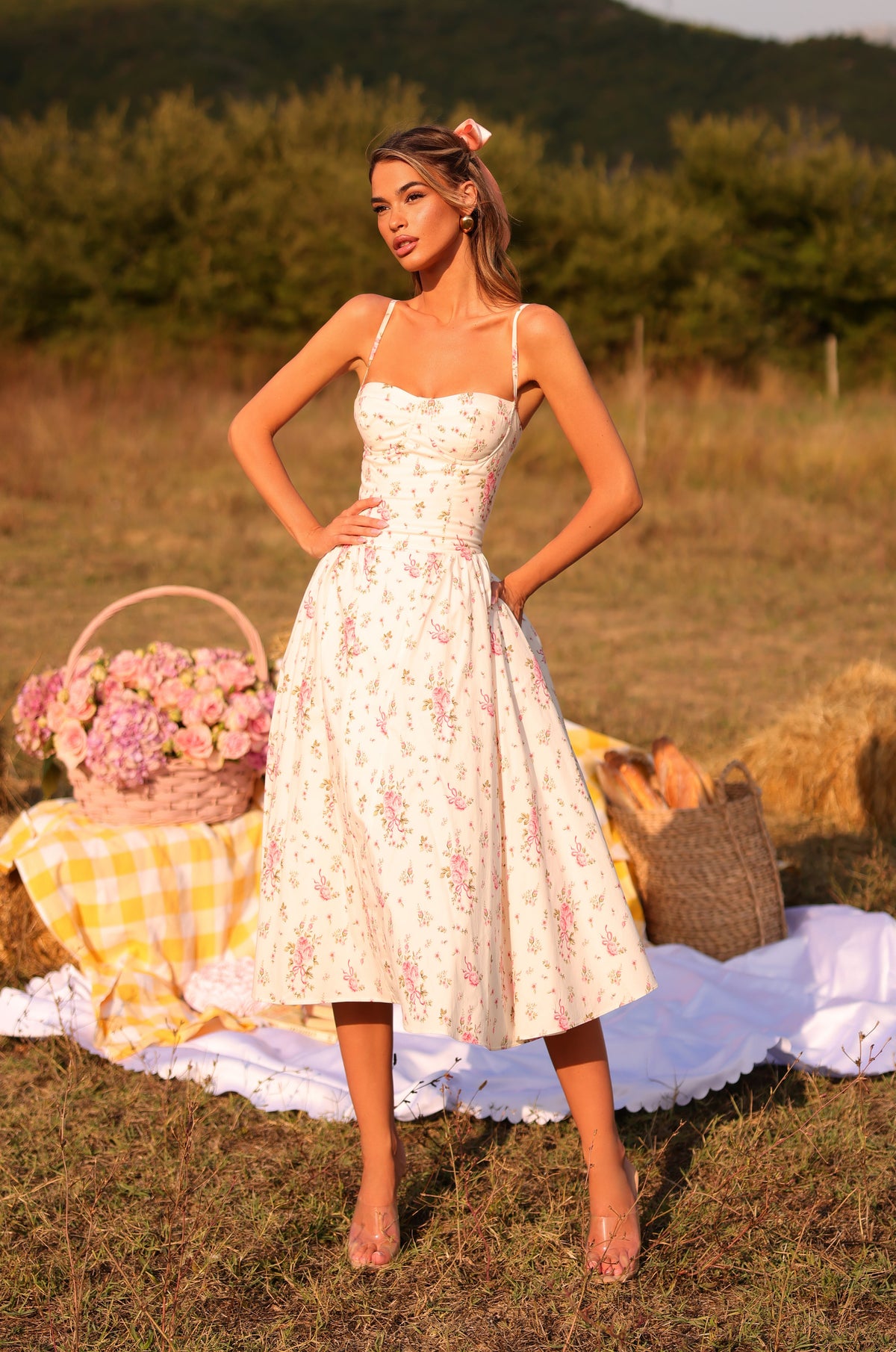 MEADOWA Cream White Floral Corset Midi Dress